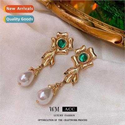 lver needle new Chinese emerald wh diamond flower earrings h