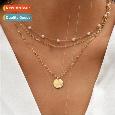 Pearl collarbone chain double-layer glossy geometric necklac