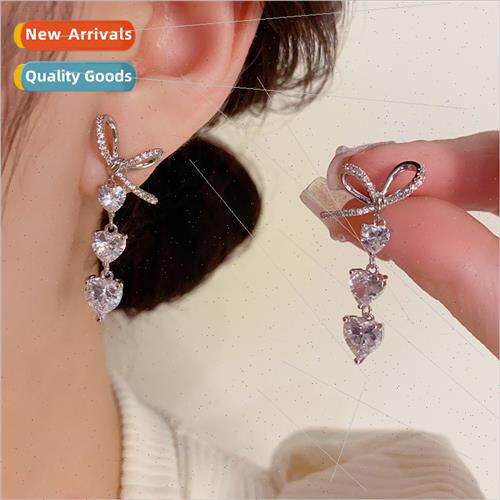 ins cold wind nd bow zirconia love heart earrings 925 silver