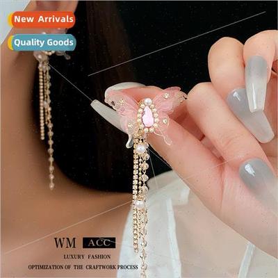 Diamond acrylic butterfly water drop pearl tassel earrings n