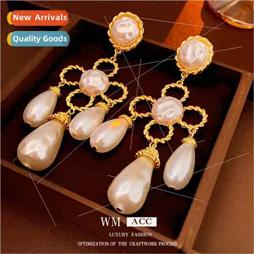 lver needle water drop pearl flower tassel earrings French r