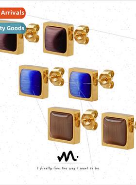 Europe ins tiger eye cat eye stone tri-color earrings适用wom