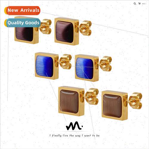 Europe ins tiger eye cat eye stone tri-color earrings适用wom