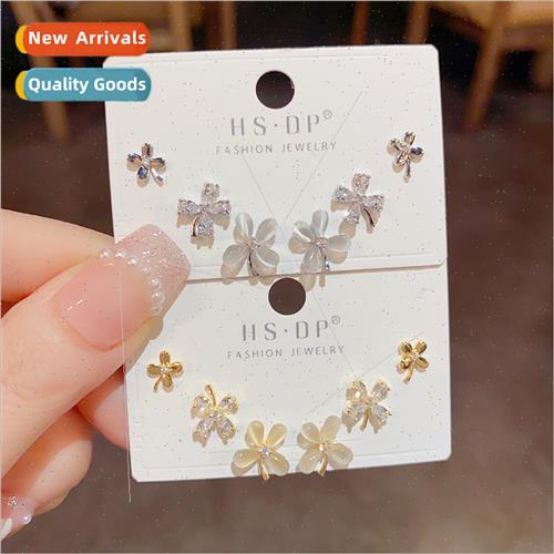 Cat eye stone flower stud earrings set s925 silver pin small