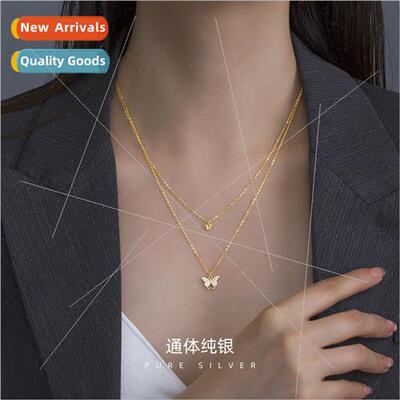 S925 silver Koreadouble layer butterfly necklace simple mori