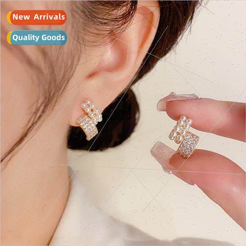French small simple pearl zirconia arc earrings female s925