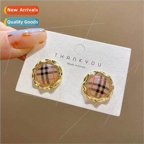 S925 silver pin button checkerboard checkerboard khaki Frenc