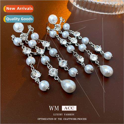 lver pin wh diamond pearl tassel earrings Europe fashion ear
