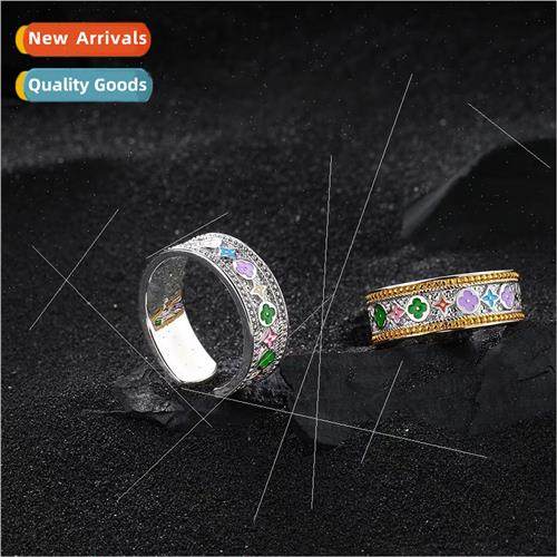 Gold silver clashing color drip glaze old flower ring female