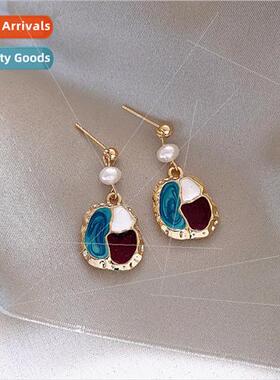 Irregular color blocking earrings female 925 silver needle p