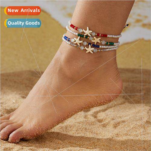 Creative beach starfish imation pearl beads hand-woven ankle