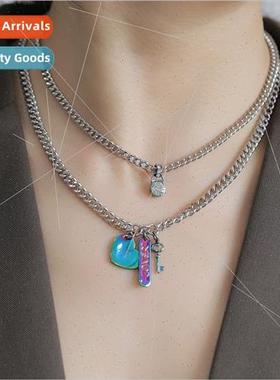 Colorful metal digal illusion cyberpunk hearts pendant chain