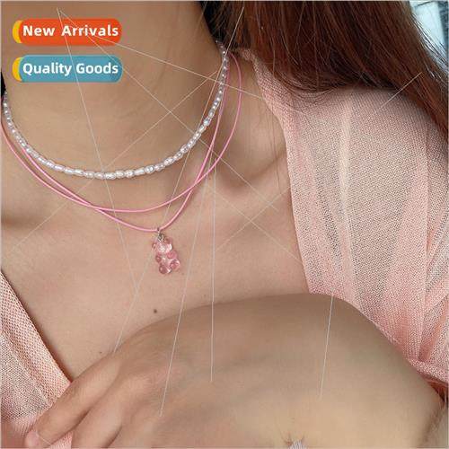 New spring pearl cute double layer pink bear necklace niche