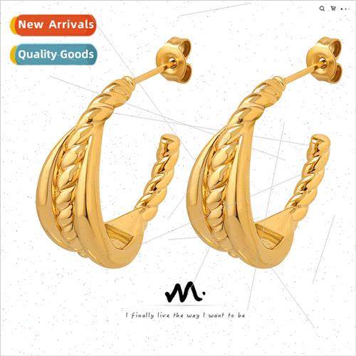 Europe wheat ears geometric patchwork brass C-shaped earring