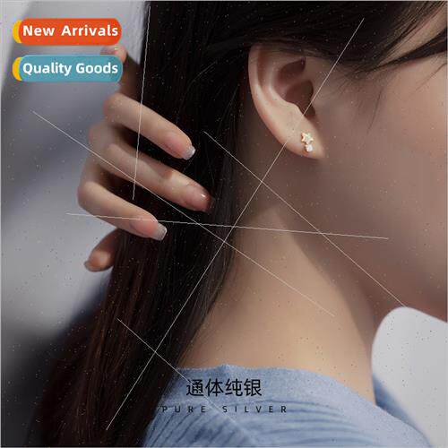 S925 silver plated Korea full diamond pentagram earrings sim
