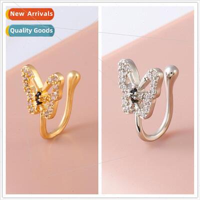Copper stone piercing clip-on nose ring wh black zirconium b