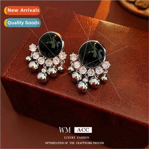 lver needle zirconia round metal tassel earrings French retr