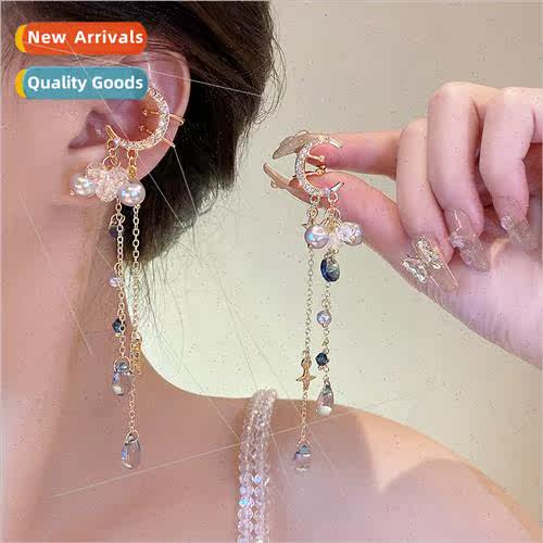 Golden moon mangosteen pearl tassel ear clips whout ear hole