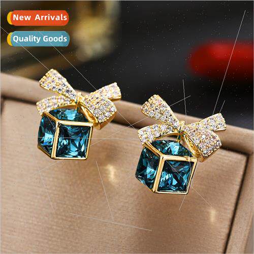 Europe square crystal bow earrings female tide simple silver