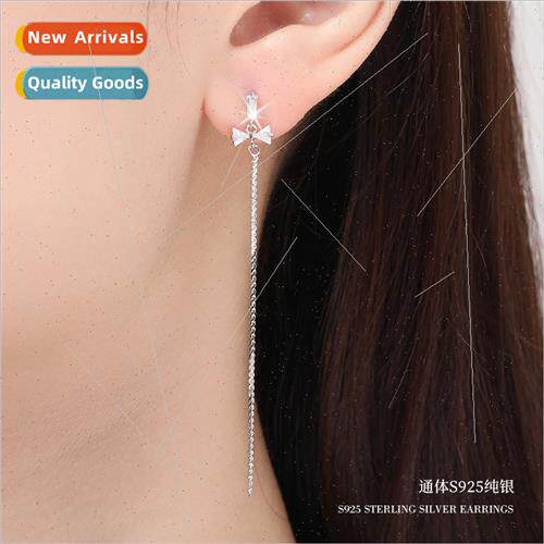 s925 silver bow earrings female niche long tassel earrings v