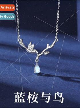 s925 silver blue eucalyptus bird silver necklace female simp