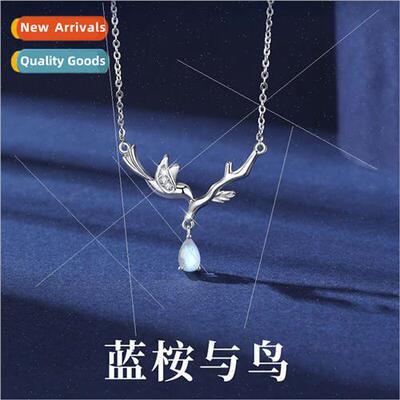 s925 silver blue eucalyptus bird silver necklace female simp