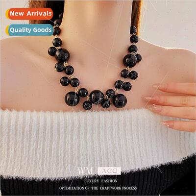 French Black Round Bead Splicing Necklace Vintage Collar Cha