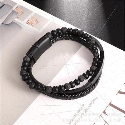 Men woven natural obsidian handmade bracelet hjewelry beaded