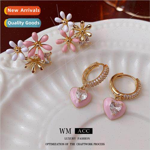 silver Needle Zirconia Drip Oil Flower Earrings che Hundred
