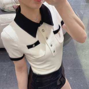 上衣26早春 短袖 高品原定 ANN香风金属扣撞色口袋polo针织修身