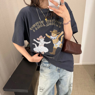 高品对版 T恤26早春 小众YY可爱猫咪共舞趣味卡通印花宽松短袖
