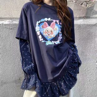 高品原定 小众波点拼接假两件印花宽松长袖T恤上衣26早春