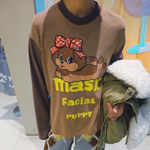 高品原定 小众可爱雪屋狗印花烫钻拼色宽松长袖T恤上衣女26早春