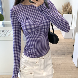 显瘦长袖 修身 T恤上衣女26早春 辣妹风3D错视复古格纹长袖 高品原定