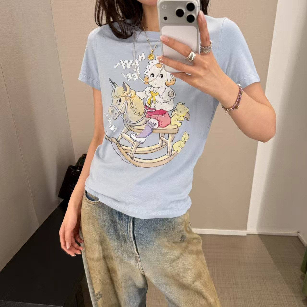 高品质 YY摇滚婴儿木马印花修身短袖T恤百搭打底衫上衣女26新款