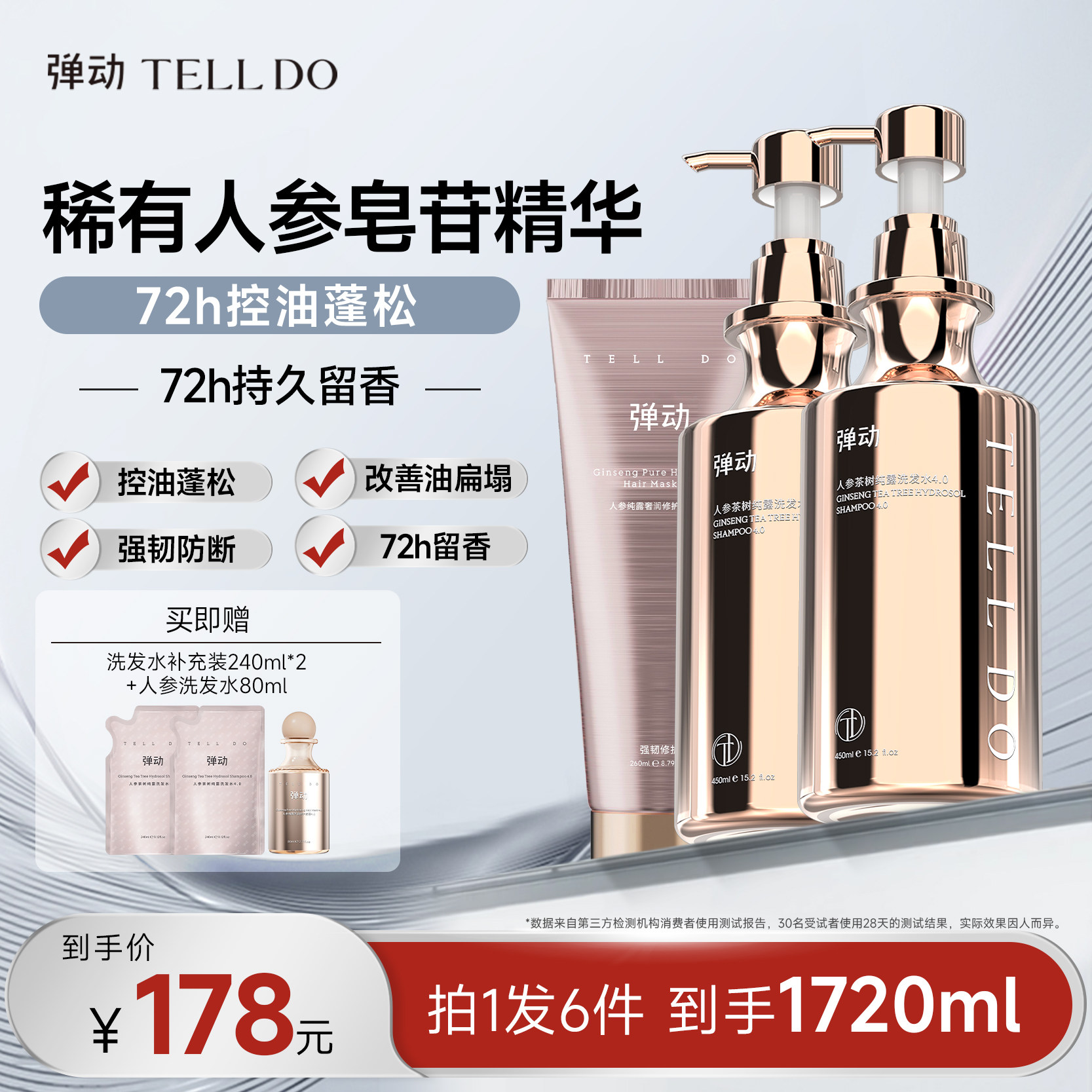 弹动人参茶树洗发水控油防断蓬松洗护套装修护发尾干枯净爽去屑