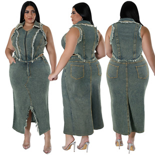 Plus-size denim waistcoat skirt suit加肥加大牛仔马甲长裙套装