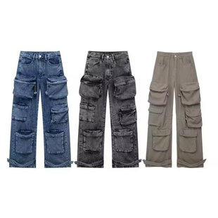 Ethos high-waisted cargo jeans多口袋街头气质高腰工装牛仔裤女