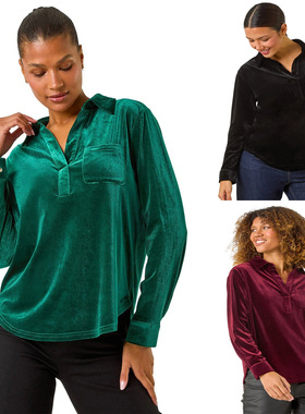 Long-sleeved loose velvet T-shirt女装衬衫长袖纯色宽松丝绒T恤