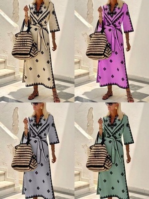 欧美外贸秋印花波西米亚风连衣裙