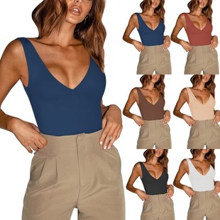 V-neck sexy slimfit halter T-shirt外贸女装V领性感修身吊带T恤