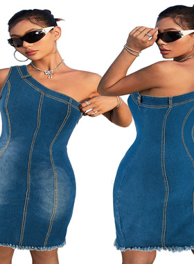 Plussize denim dress for women大码女装牛仔无领无袖斜肩连衣裙
