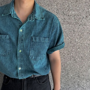 Jeans short-sleeved shirt trendy top痞帅牛仔短袖衬衣潮流上衣