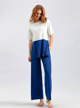 Color-matching short-sleeved wide-leg pantsuit拼色短袖阔腿裤