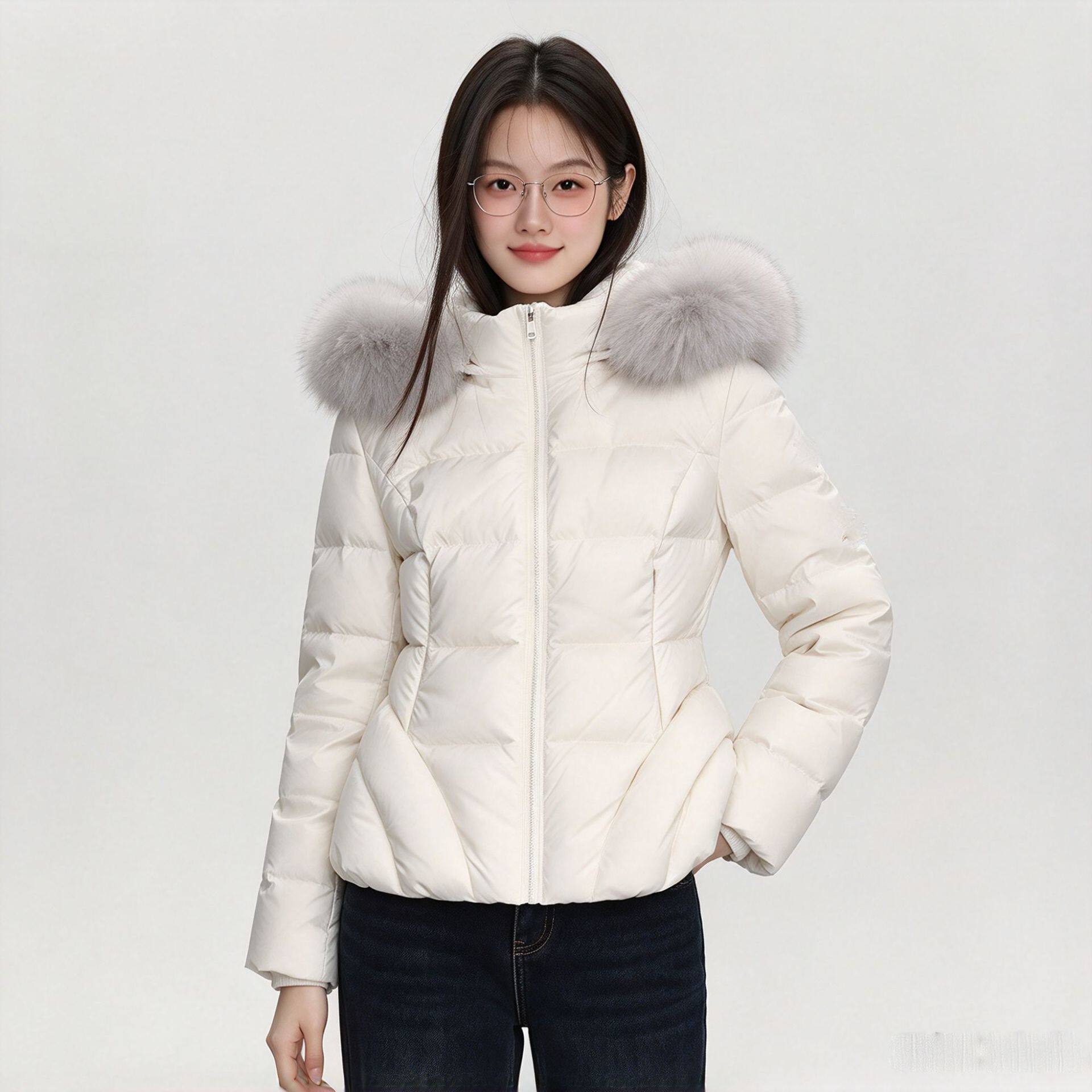90白鸭绒大毛领连帽羽绒服女2026冬季短款排骨修身收腰羽绒外套女