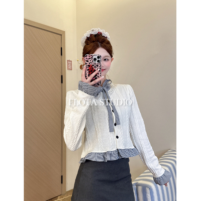 【flota】MIU系千金风短款领边钉珠长袖针织女蓝格纹秋冬气质上衣