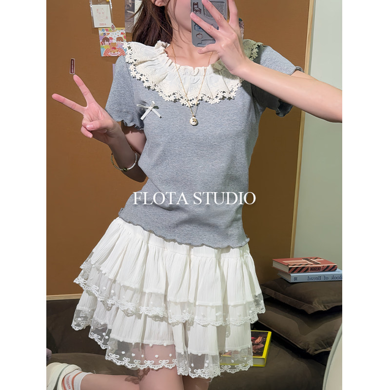 【flota】蕾丝拼接领温柔直筒短袖T恤蝴蝶结ins修身短T女上衣