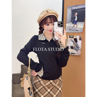 【flota】复古格纹拼接长袖T恤女学院风显瘦百搭休闲上衣2759