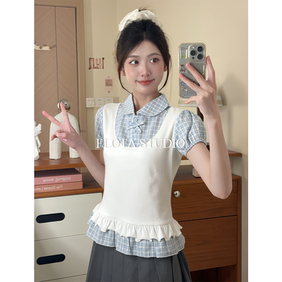学院风格纹娃娃领拼接正肩短袖t