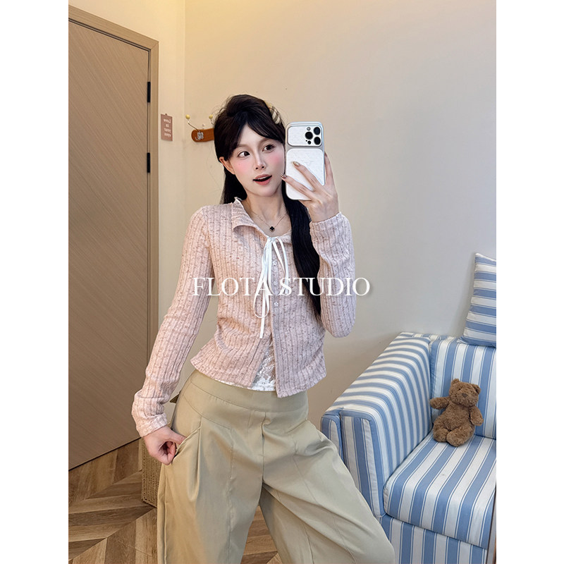 【flota】假两件蕾丝花边绑带针织衫女修身长袖内搭显瘦上衣